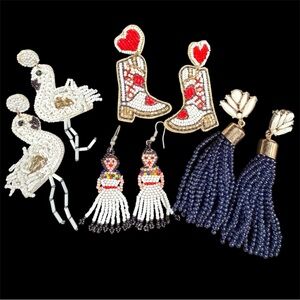 Handmade Beaded Earrings: Flamingo, Cowboy Boots, Tassels & Frieda Dolls 4 Pair